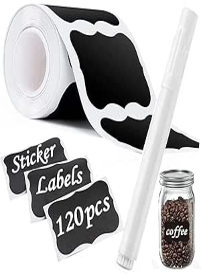 Chalkboard Labels, 120pcs Black Vinyl Chalkboard Stickers for Containers, Glass Jars, Cups; Reusable, Waterproof, Suitable for Metal, Plastic, Ceramic, Wood, Glass Surfaces
